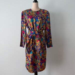 ✨ Adrianna Papell 100% Silk Baroque Rose Jacquard Print Dress Sz 14 Vintage Luxe